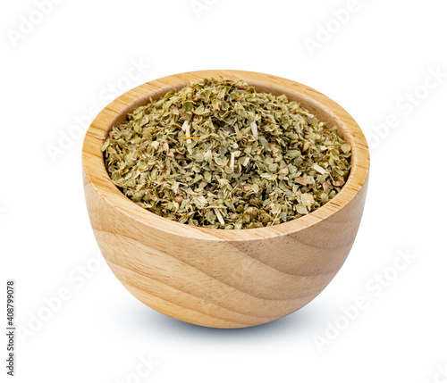 Oregano in wooden bowl isolated on white background ,include clipping path