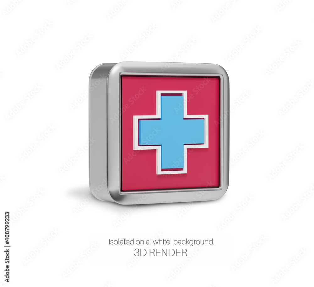 Rectangular volume metal sign with a medical cross,  isolated on white background. 3d render.