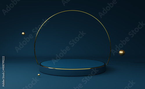 podium empty with geometric shapes in blue composition for modern stage display and minimalist mockup ,abstract showcase background ,Concept 3d illustration or 3d render