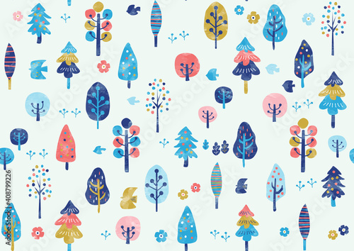水彩 北欧風 手書き春の木のパターン