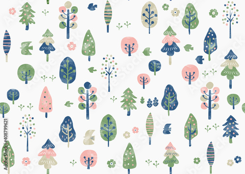 水彩 北欧風 手書き春の木のパターン
