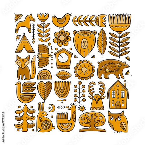 Card Design with Nordic Ornament. Forest Animals, Folk Background