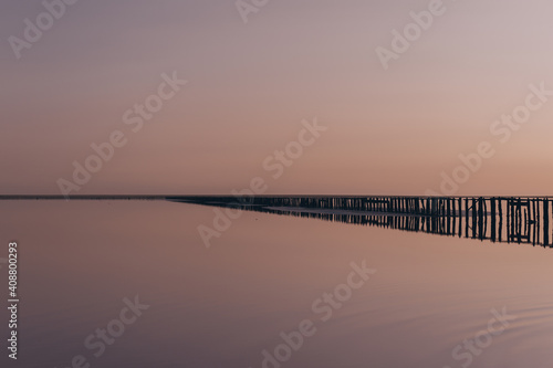 Beautiful sunset over the salty pink lake