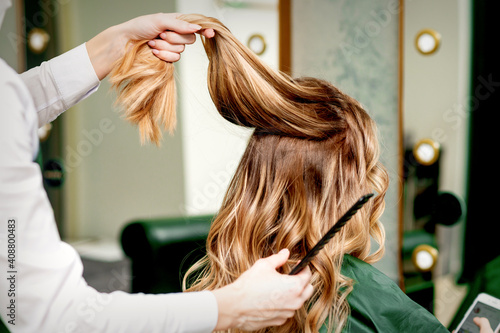 Hairdresser holds a strand of long hair of a young woman in a beauty salon