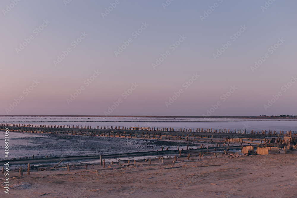 Beautiful sunset over the salty pink lake