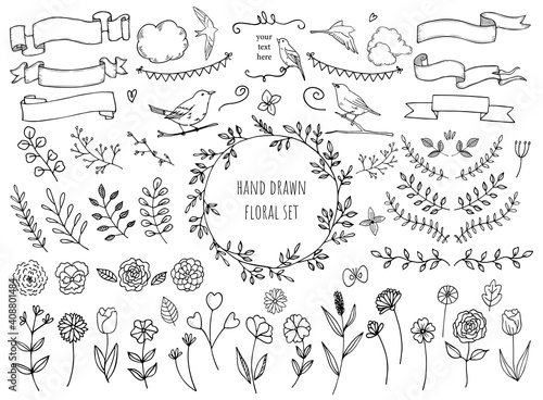 hand drawn floral frame ornaments set, vector illustration for greeting card, nature images
