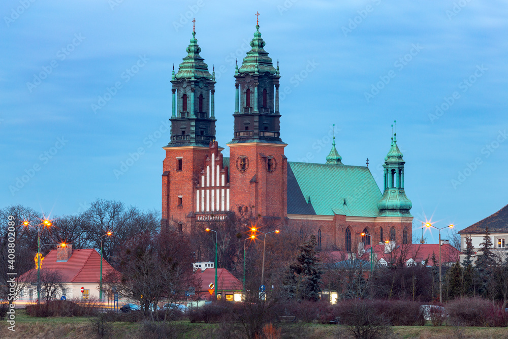 Poznan. Cathedral on Tumskiy Island at sunset.