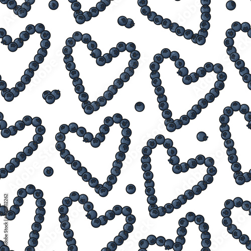 Seamless vector pattern with cute hand drawn berries in the shape of a heart. Stylized healthy lifestyle design elements. Fun background for wrapping paper, print, banner, advertising, fabric, gift.