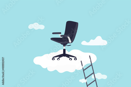 Career success, job position promoted to management opportunity or ladder of success concept, management office chair on cloud with ladder for talent and employee to climb up.