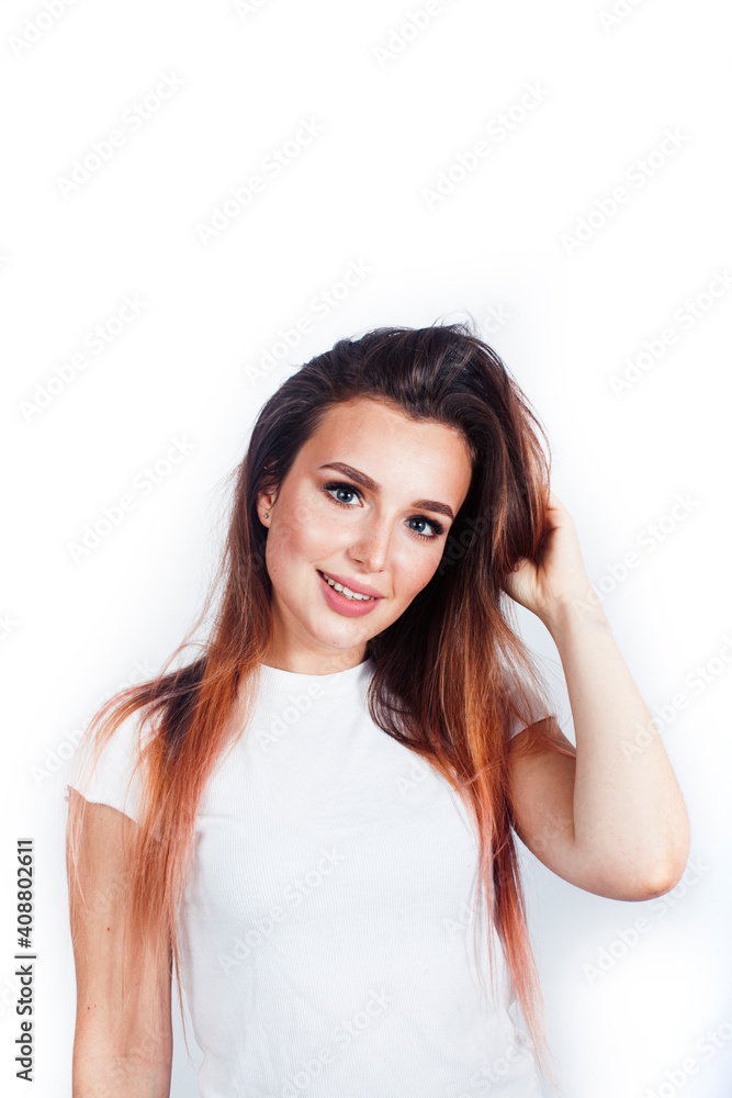 young blond woman on white backgroung gesture thumbs up, isolated emotional posing young blond woman on white backgroung gesture thumbs up, isolated emotional posing