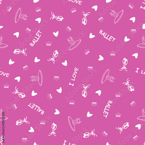 seamless pattern with the image of a tutu, pointe shoes, crown, hearts and the inscription I love ballet