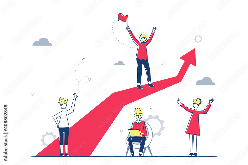 Business leader standing on arrow and holding flag flat vector illustration. cartoon people training and doing business plan. Business leader standing on arrow and holding flag flat vector illustration. cartoon people training and doing business plan.