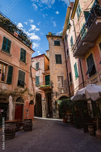 Monterosso al Mare, Italy - October, 2020: Walking Monterosso al Mare: coastal village and resort in Cinque Terre, Italy. Winter season: closed bar and shops, no people