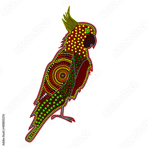 Cockatoo isolated on white background. Australia aboriginal cockatoo dot painting. Aboriginal tribal styled kakadu. Decorative ethnic style.Kakadu national park. For poster, banner.Vector illustration