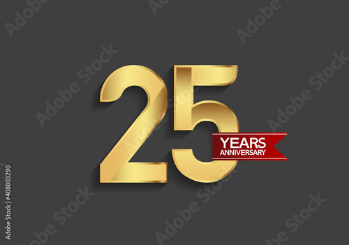 25 years anniversary simple design with golden color and red ribbon isolated on black background can be use for template, element, greeting card, invitation and special celebration event