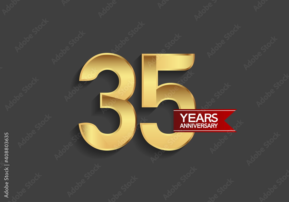 35 years anniversary simple design with golden color and red ribbon isolated on black background can be use for template, element, greeting card, invitation and special celebration event 35 years anniversary simple design with golden color and red ribbon isolated on black background can be use for template, element, greeting card, invitation and special celebration event