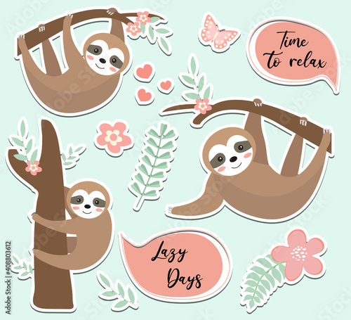Cute sloth sticker set. Collection of design elements with trees, plants, flowers. Kids baby clip art funny smiling forest animal, sticker. Vector illustration