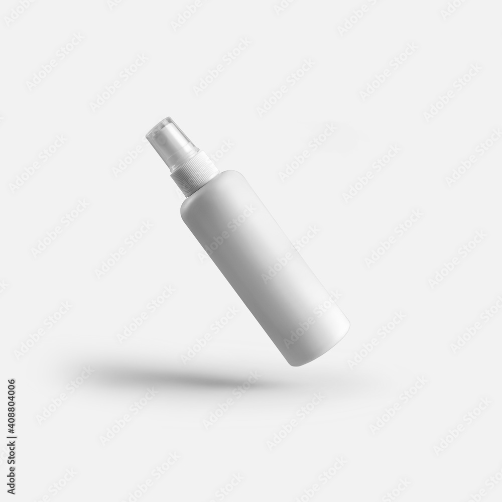Template of a plastic white bottle with a spray bottle for perfume, with a transparent cap, blank vial for design presentation. Template of a plastic white bottle with a spray bottle for perfume, with a transparent cap, blank vial for design presentation.