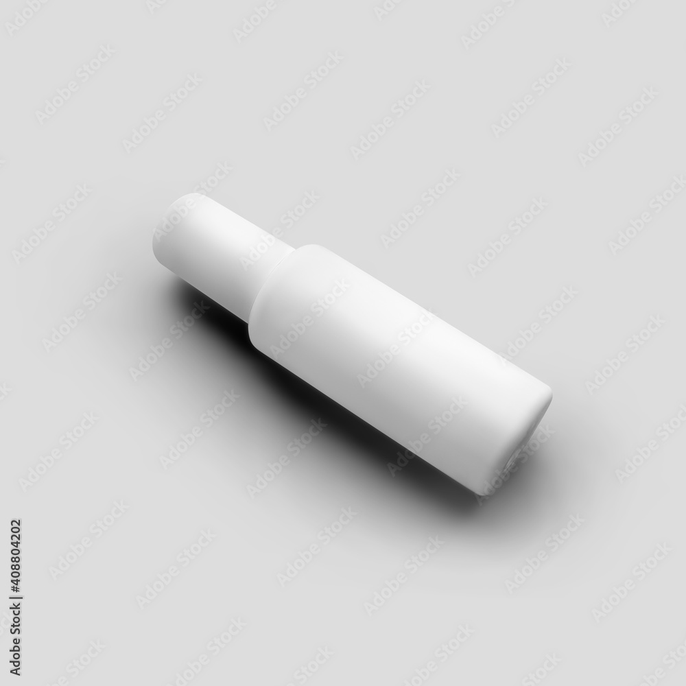 Mockup of matt white bottle with atomizer, cylindrical plastic vial with cap, isolated on background. Mockup of matt white bottle with atomizer, cylindrical plastic vial with cap, isolated on background.