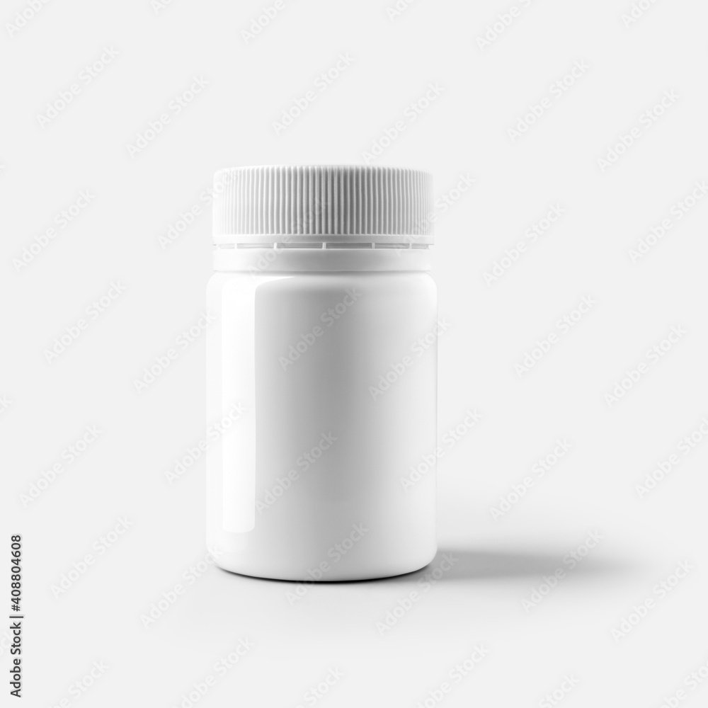 Mockup of a white plastic jar with a round lid, for vitamin, tablets, pills, container isolated on background. Mockup of a white plastic jar with a round lid, for vitamin, tablets, pills, container isolated on background.