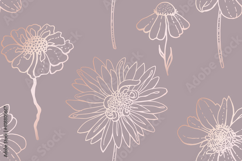 Chrysanthemum, dahlia, Echinacea and other flowers. Seamless floral pattern. Line art with glossy gradient effect. Art illustration with pastel gold rose pink color