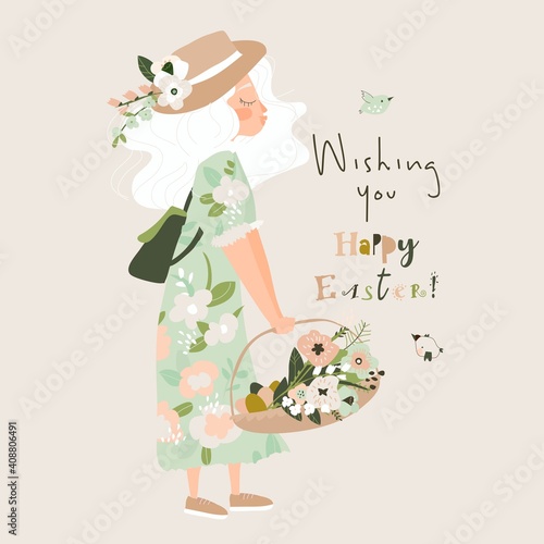 Cartoon beautiful girl holding basket with easter eggs and flowers