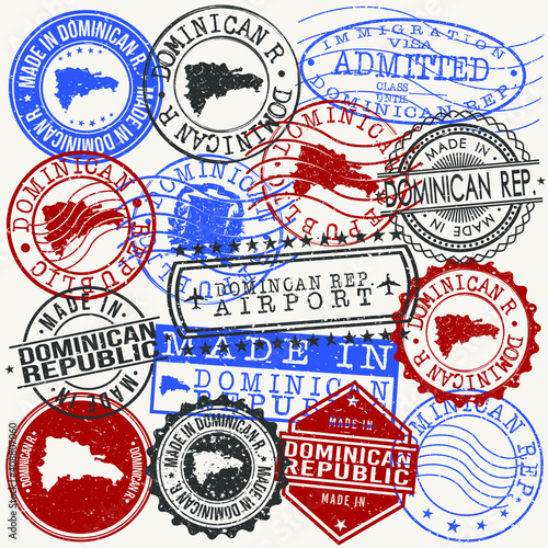 Dominican Republic Set of Stamps. Travel Passport Stamps. Made In Product. Design Seals in Old Style Insignia. Icon Clip Art Vector Collection.