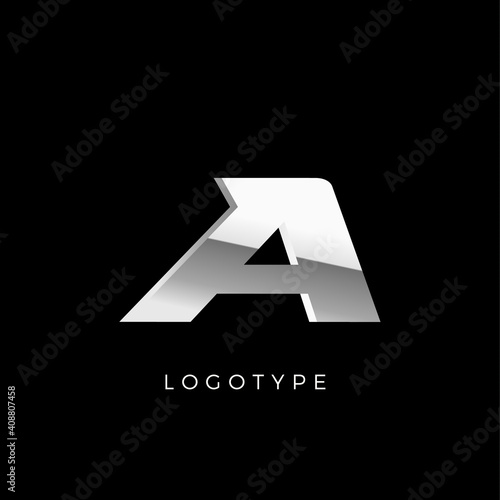 Steel A letter. Business monogram with stainless or chrome effect. Dynamic logo concept with shiny aluminum texture for dynamic sports, speed race, automotive. Metal style typography design