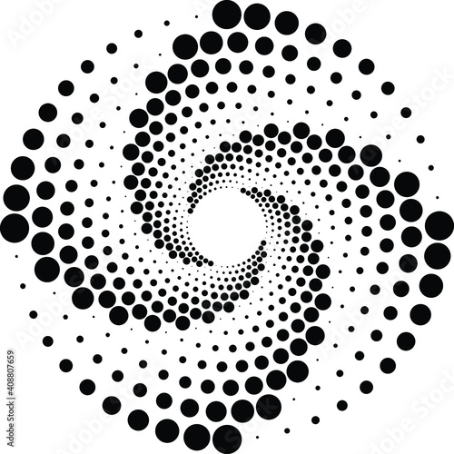 Dotted, dots, speckles abstract concentric circle. Spiral, swirl, twirl element.Circular and radial lines volute, helix.Segmented circle with rotation.Radiating arc lines.Cochlear