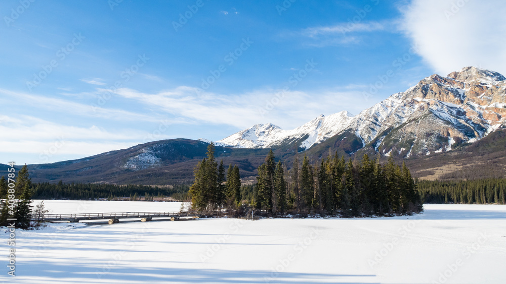 Panoramic view of Pyramid island and Pyramid mountain, in Jasper National Park, Canada
