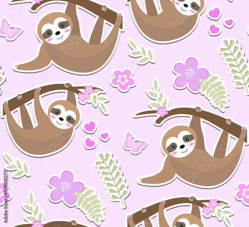 Cute sloth seamless pattern. Endless texture with trees, plants, flowers. Kids baby clip art funny smiling forest animal background. Vector illustration