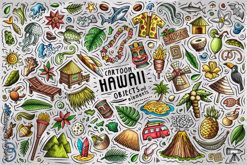 Colorful vector doodle cartoon set of Hawaii objects and symbols