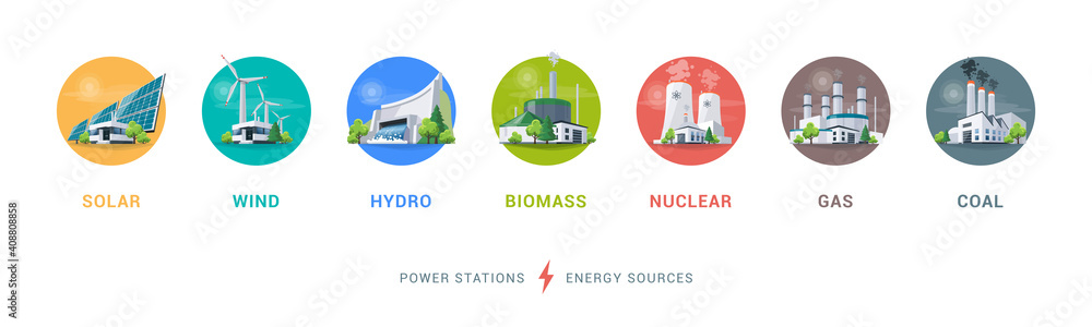 Vecteur Stock Electricity generation source types. Energy mix solar, water,  fossil, wind, nuclear, coal, gas and biomass. Renewable pollution power  plants station resources. Natural, thermal, hydro and chemical. | Adobe  Stock