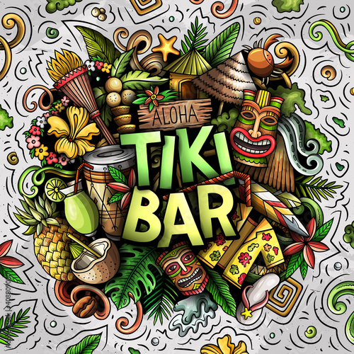 Tiki Bar hand drawn cartoon doodle illustration. Funny Hawaiian design