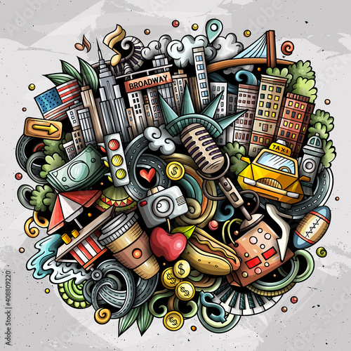 New York hand drawn cartoon doodle illustration. Funny City design.