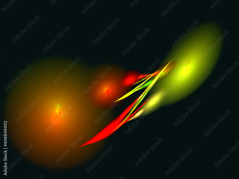 Obraz premium Abstract spotlight or floodlights on black background. Artistic and fictional digital composition with enlightened colorful spots, strokes and streaks.