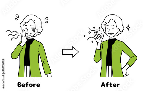 Illustrations of seniors suffering from bad breath, before and after illustrations.