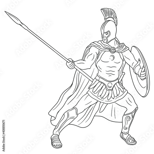 Ancient Roman warrior legionary with a spear and shield in his hands is standing ready to attack. Vector illustration isolated on white background.