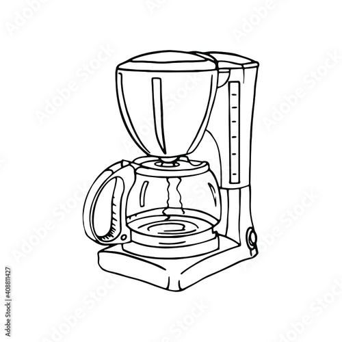 Drip coffee maker illustration. Hand-drawn black lines illustration of a coffee maker. For coffee shop, cafe, restaurant and coloring pages. Isolated on white background household coffee maker.