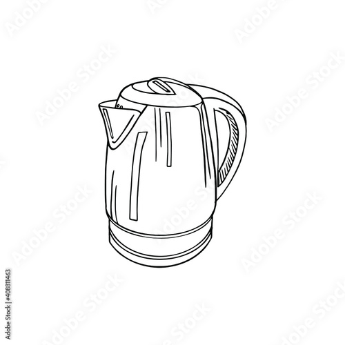 Illustration of an electronic kettle for heating water. Hand-drawn black line illustration of a kitchen kettle. For design, hardware store, coloring. Isolated on white background household 