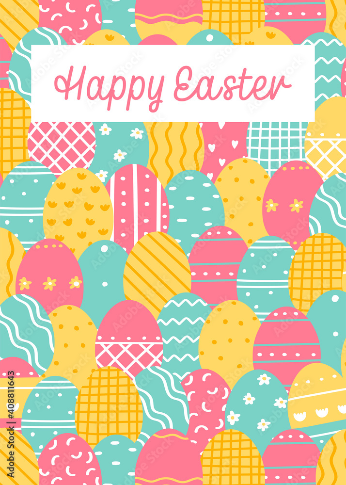 Happy Easter greeting card. Decorated Easter eggs. Vector illustration in flat style. Happy Easter greeting card. Decorated Easter eggs. Vector illustration in flat style.