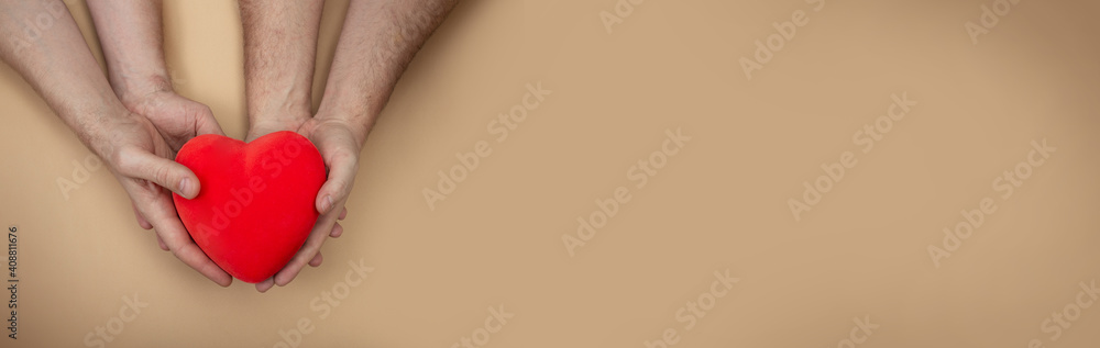 Fototapeta premium LGBT concept. Horizontal banner with men hands holding red heart on beige background with copy space. Hands of homosexual couple on set sail champagne color. Same sex love. Gay Valentines card