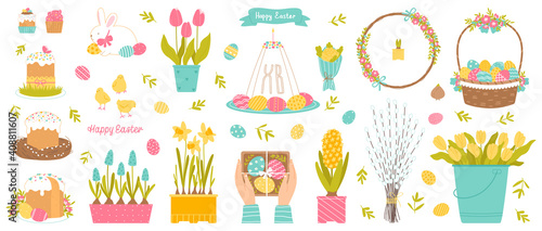 Happy Easter set. Easter holiday collection elements isolated on a white background. Spring color palette. Vector illustration in flat style.
