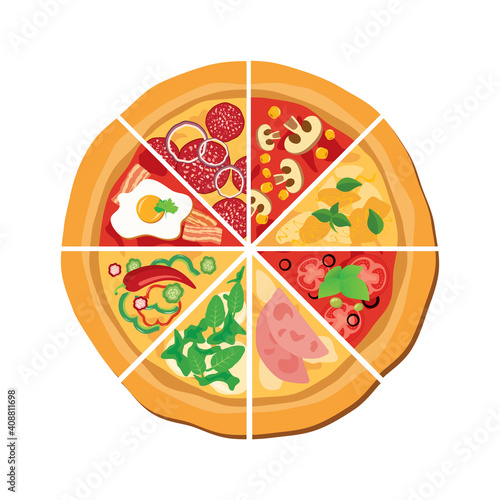 Different kinds of pizza slices icon vector. Whole pizza top view icon set. Pizza variations icon isolated on a white background. Slice of pizza vector