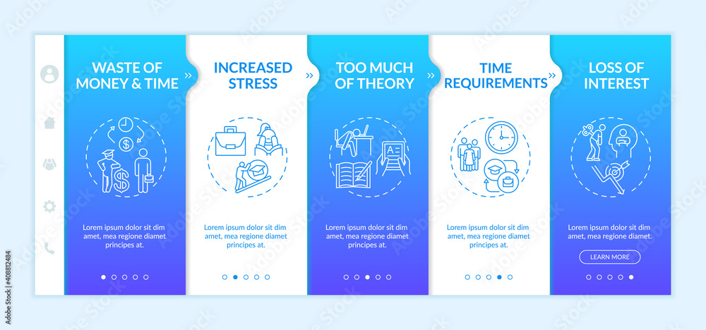 Employee training and development disadvantages onboarding vector template. Increased stress. Interest loss. Responsive mobile website with icons. Webpage walkthrough step screens. RGB color concept