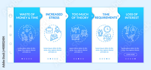 Employee training and development disadvantages onboarding vector template. Increased stress. Interest loss. Responsive mobile website with icons. Webpage walkthrough step screens. RGB color concept