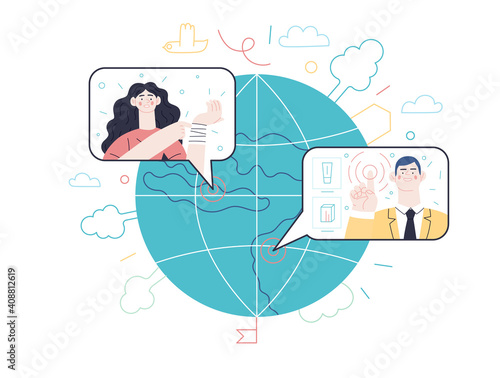 Medical insurance - online doctor service -modern flat vector concept digital illustration - a woman talking online with a doctor from halfway around the world, medical service and insurance metaphor
