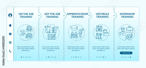Employee development methods onboarding vector template. Apprenticeship, vestibule training. Remote courses. Responsive mobile website with icons. Webpage walkthrough step screens. RGB color concept