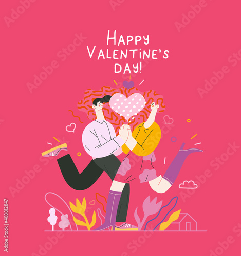 Couple in love - Valentines day graphics. Modern flat vector concept illustration - a young hetoresexual couple running towards each other  holding their hands. Heart. Cute characters in love concept
