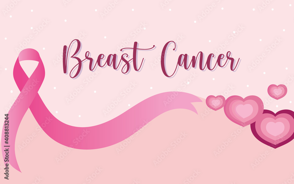 Breast cancer handwritten text pink ribbon hearts banner